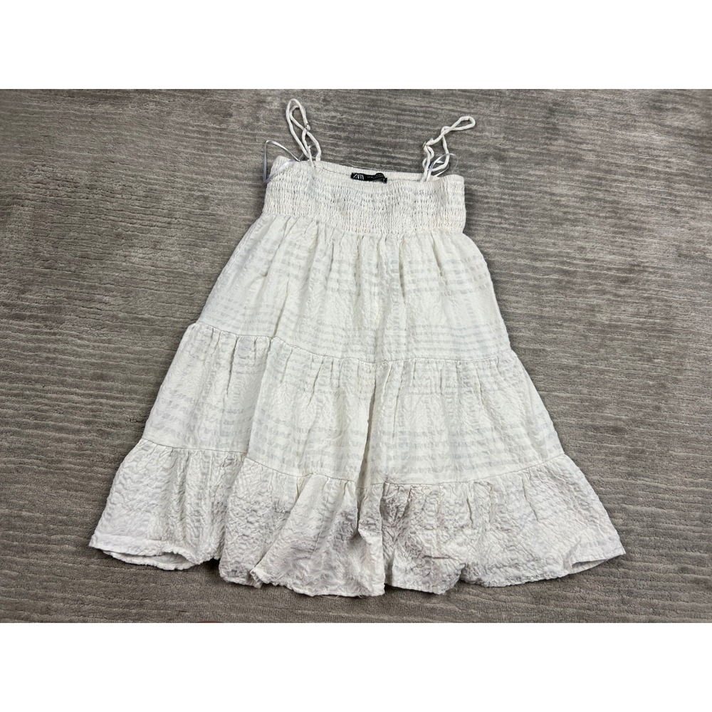 Zara Dress Womens XS White Tiered Mini Smocked Cotton Adjustable Straps Textured